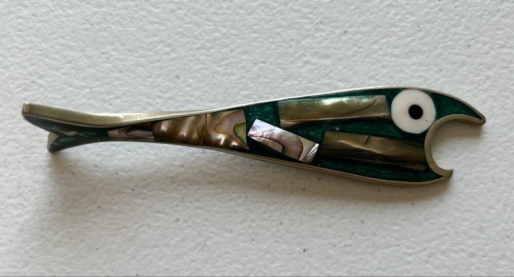 Vintage Abalone Fish Bottle Opener Silver Tone Green Alpaca Mexico Mid Century